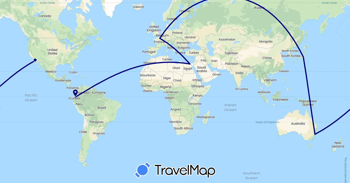 TravelMap itinerary: driving in Australia, Ecuador, Egypt, France, Japan, United States (Africa, Asia, Europe, North America, Oceania, South America)